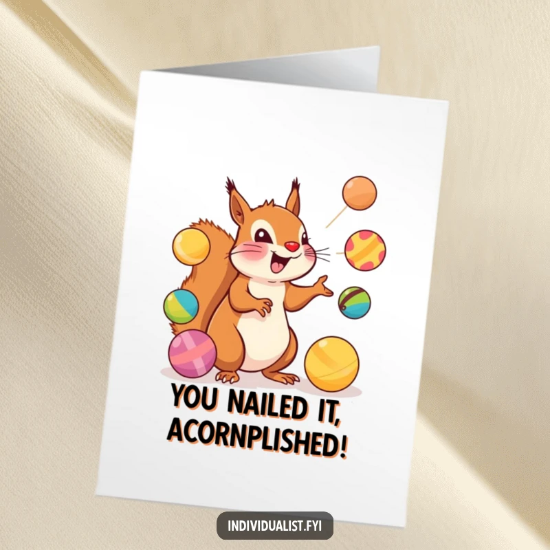 Funny Free Printable Congrats Card: A focused squirrel masterfully juggling bizarrely shaped, vibrant balls in mid-air.