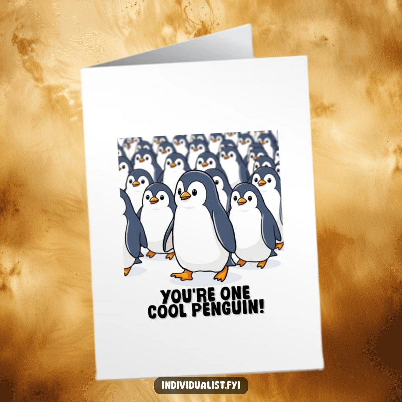 Funny Free Printable Congrats Card: Resolute Kawaii penguin forging ahead against a stream of uniform penguins.