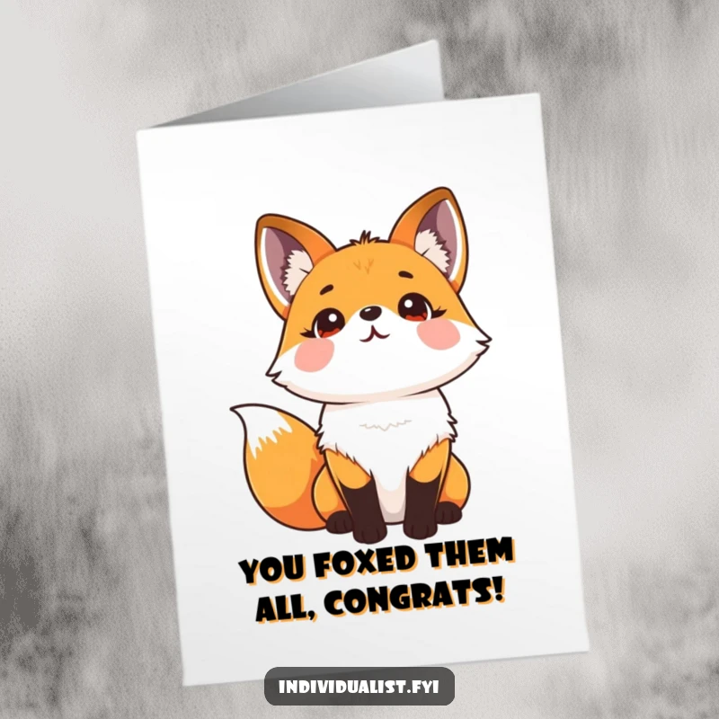 Funny Free Printable Congratulations Card: Joyful fox with a psychedelic fur pattern celebrating success.