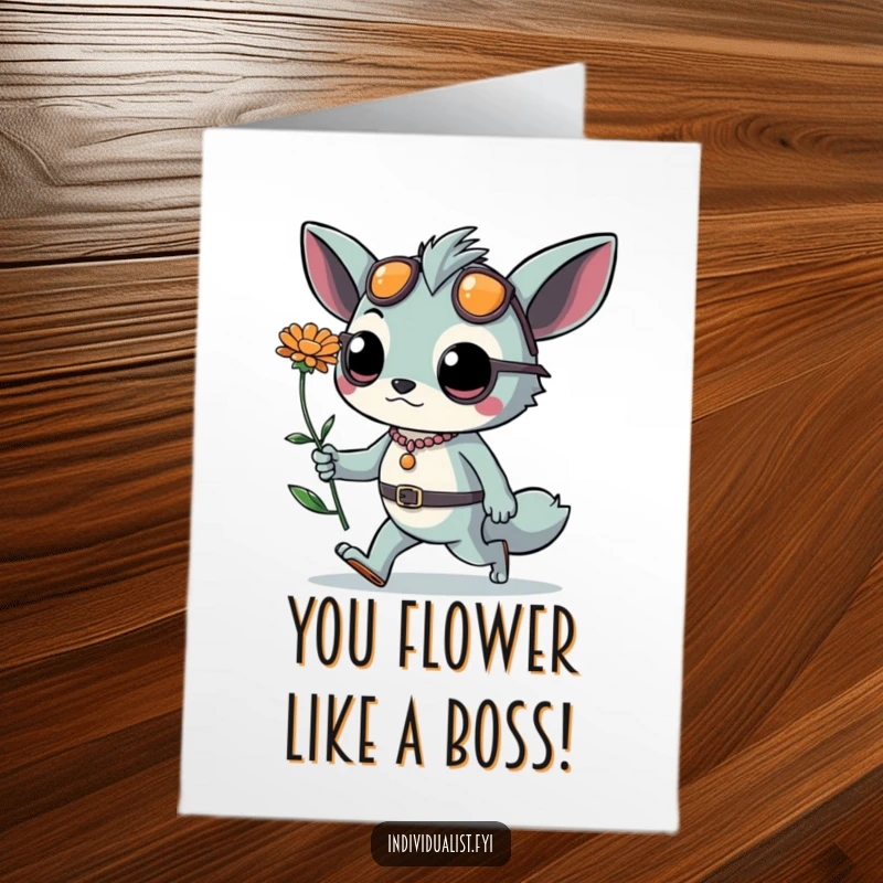 Funny Free Printable Congratulations Card featuring a bold creature confidently carrying an unusual flower. Downloadable art for celebrating wins.