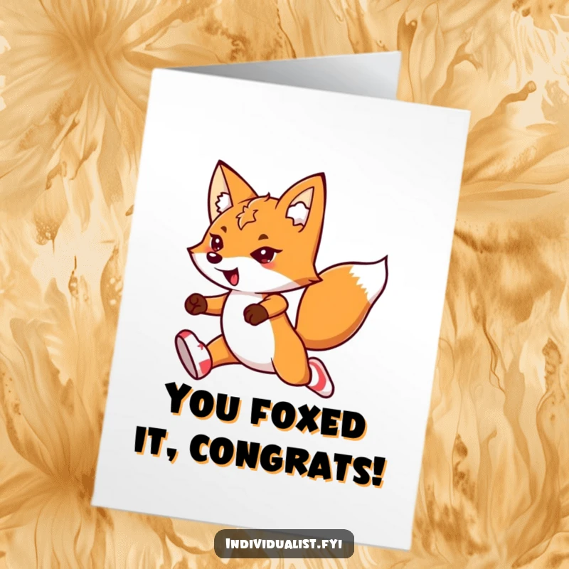 Funny free printable congratulations card with a determined kawaii fox in mismatched socks, leaping with impressive flair.