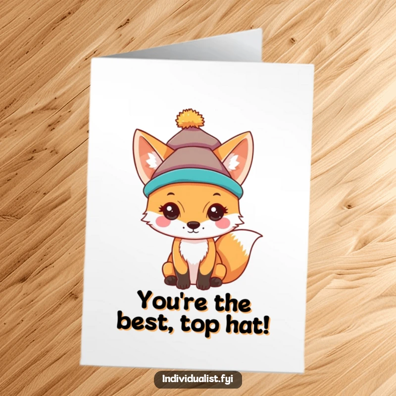 Funny Free Printable Congratulations Card: A curious fox sporting a uniquely bright and colorful hat, celebrating a special event.
