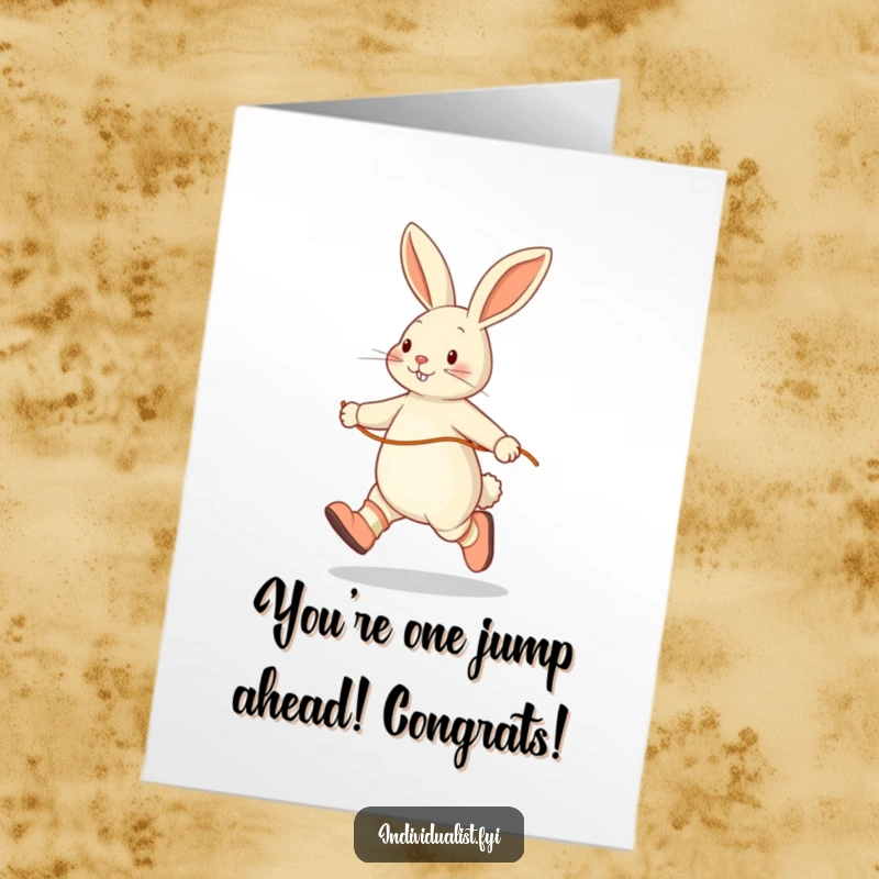 Funny Free Printable Congrats Card: Rabbit skipping rope in mismatched socks, energetically celebrating a big win, ready for download.
