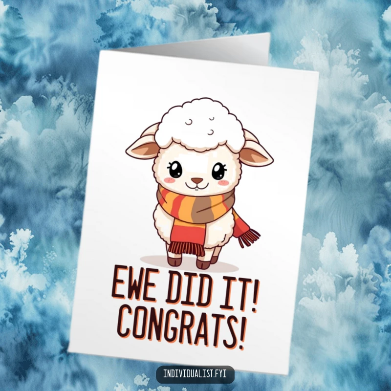 Funny Free Printable Congratulations Card: A fluffy sheep looking very stylish in a quirky scarf, celebrating a fashion achievement.