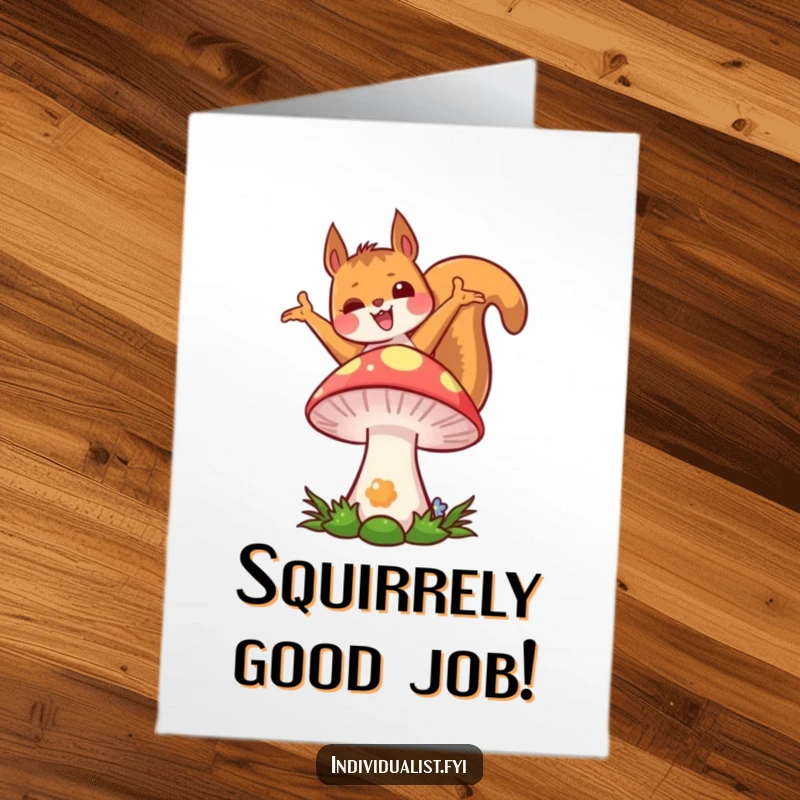 Funny free printable congratulations card with a joyful kawaii squirrel striking a memorable pose on a vibrant mushroom.