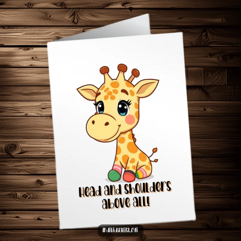 Funny Free Printable Congrats Card: A happy giraffe proudly displays mismatched colorful socks, celebrating a unique accomplishment.