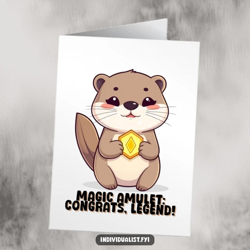 Free Printable Congratulations Card with a happy otter wearing a glowing amulet, celebrating achievement with charm.