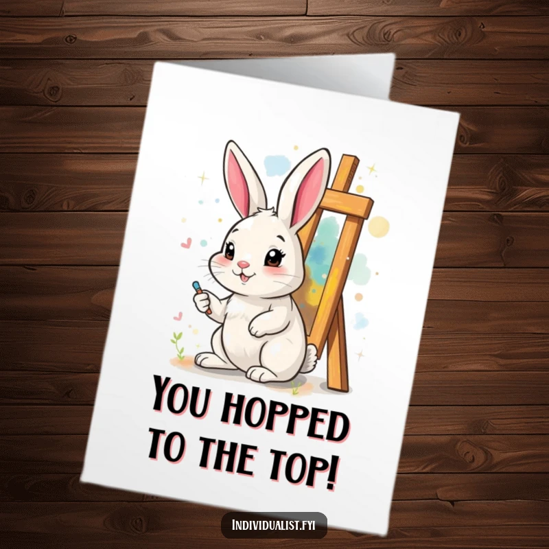 Funny Free Printable Congratulations Card: A cheerful rabbit engrossed in painting a surreal, abstract art piece, celebrating achievement.