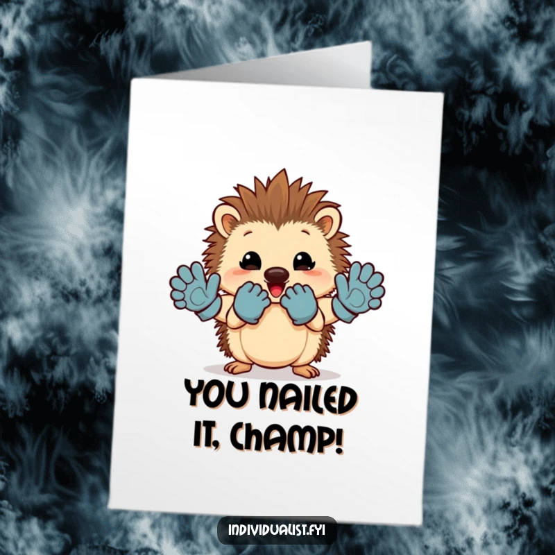 Funny Free Printable Congrats Card: A cheerful hedgehog triumphantly displays mismatched gloves, symbolizing unique achievements.