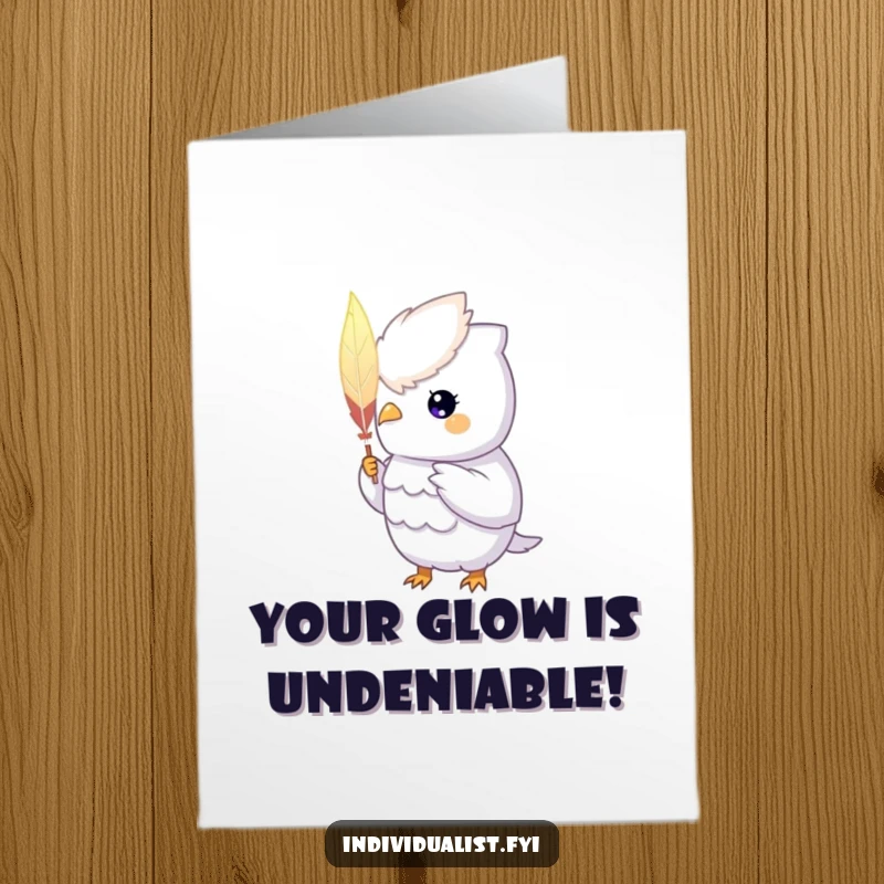 Funny Free Printable Congratulations Card: A unique creature with a glowing aura proudly presents a single, hand-painted feather, symbolizing achievement.