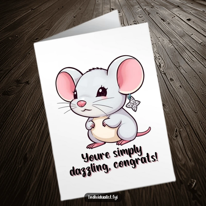 Funny Free Printable Congratulations Card: Tiny mouse flaunting a huge sparkly earring, celebrating a fantastic achievement with style.