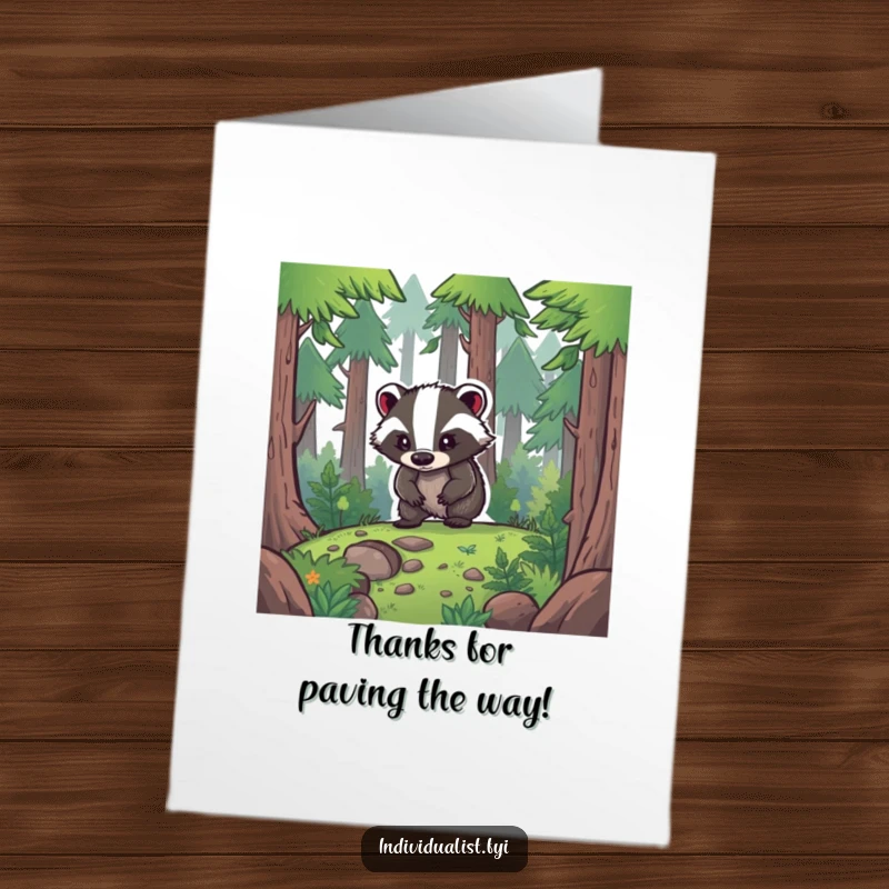 Funny Free Printable Thank You Card: A determined badger navigating a dense forest, symbolizing a journey of thanks.