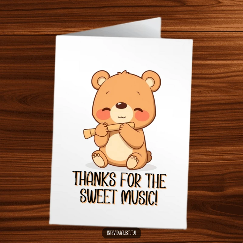 Funny Free Printable Thank You Card: Bear cub playing flute, thanking someone with music, charming DIY.