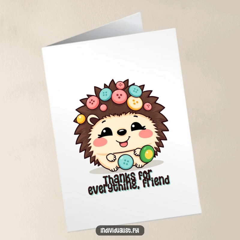 Funny Free Printable Hedgehog Thanks Card: A happy hedgehog adorned with clashing buttons, conveying warm appreciation.