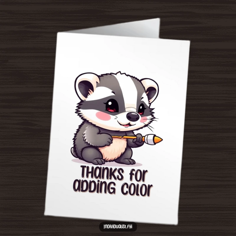 Funny free printable thank you card with a curious badger experimenting with vibrant colors, symbolizing colorful gratitude.