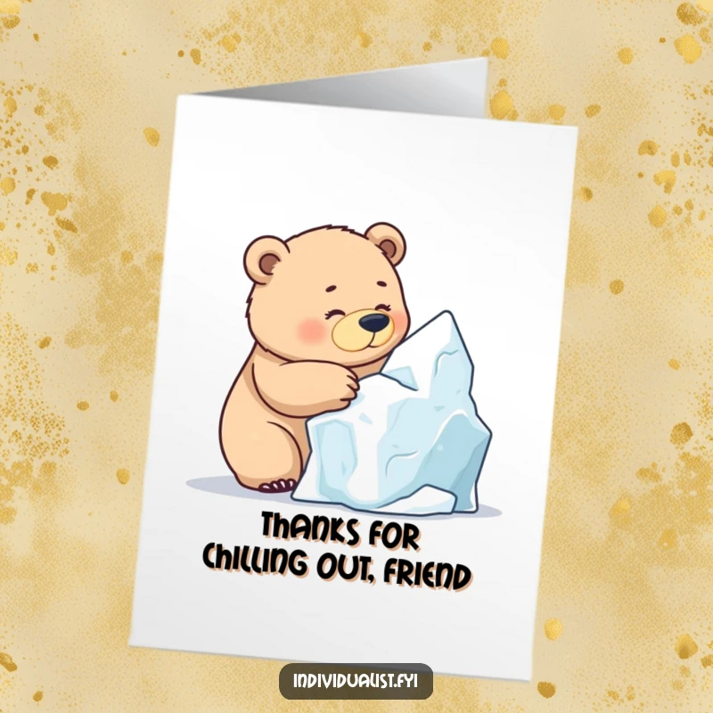 Funny Free Printable Thank You Card: A determined bear admires its unique ice sculpture, conveying thanks with a proud grin.