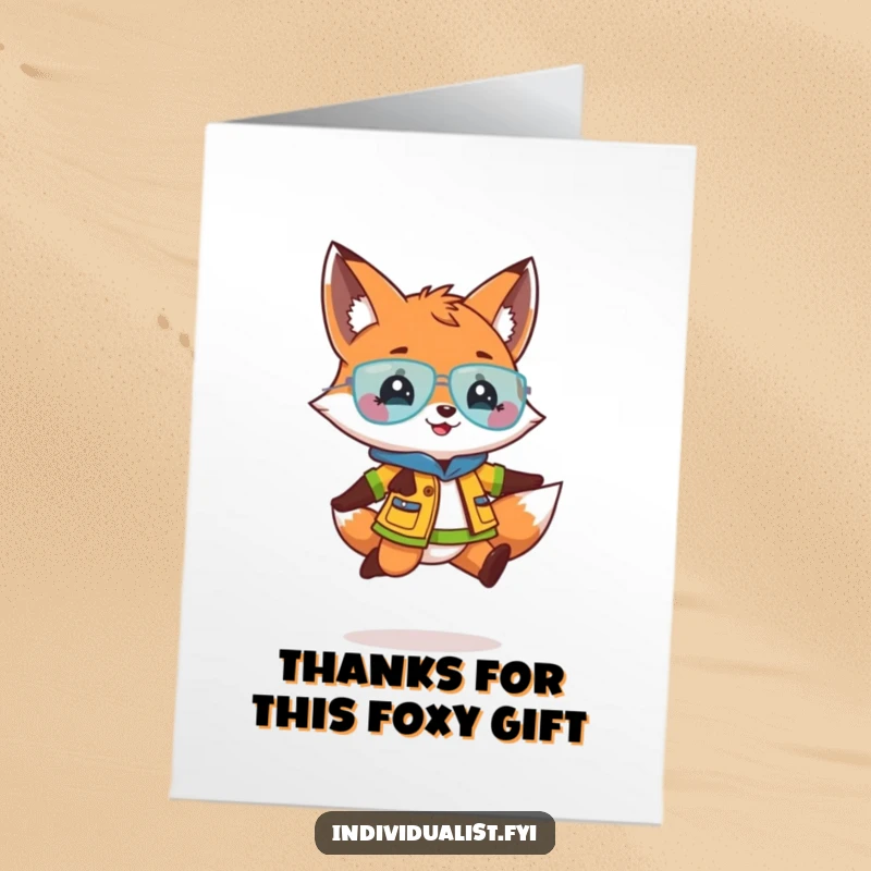 Funny Free Printable Thank You Card: A playful fox in a unique outfit doing a joyous jump, expressing heartfelt thanks.