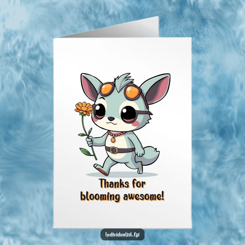 Funny Free Printable Thank You Card of a chic creature with bold accessories holding a unique flower. Downloadable art for heartfelt thanks.