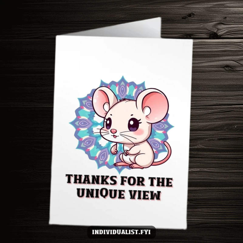 Funny Free Printable Thank You Card: Kawaii mouse looking amazed into a vibrant kaleidoscope of interesting patterns.
