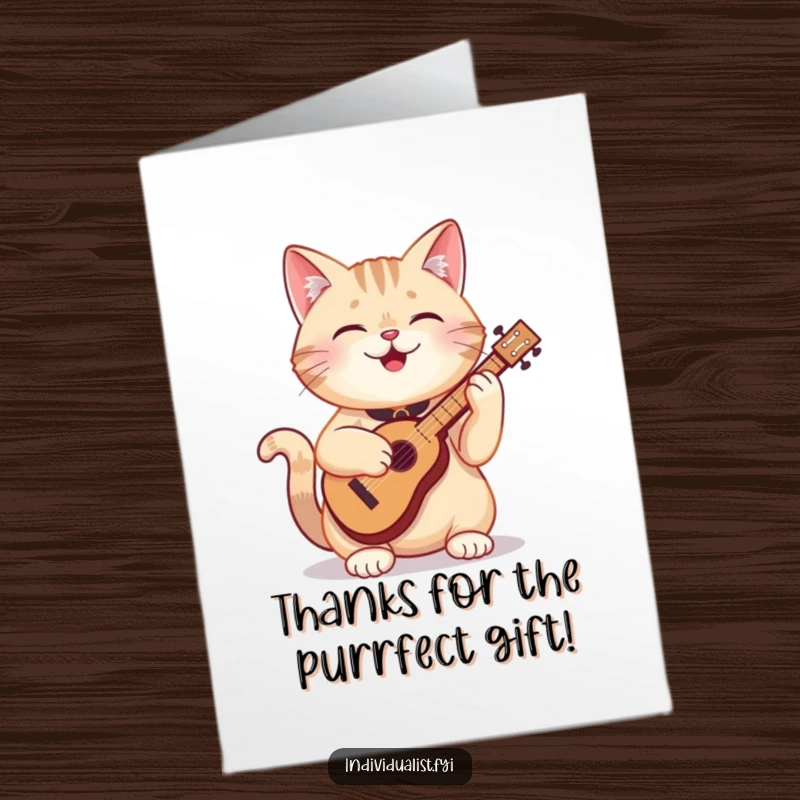 Funny Free Printable Thank You Card depicting a delighted cat playing a peculiar, small instrument with musical flair.