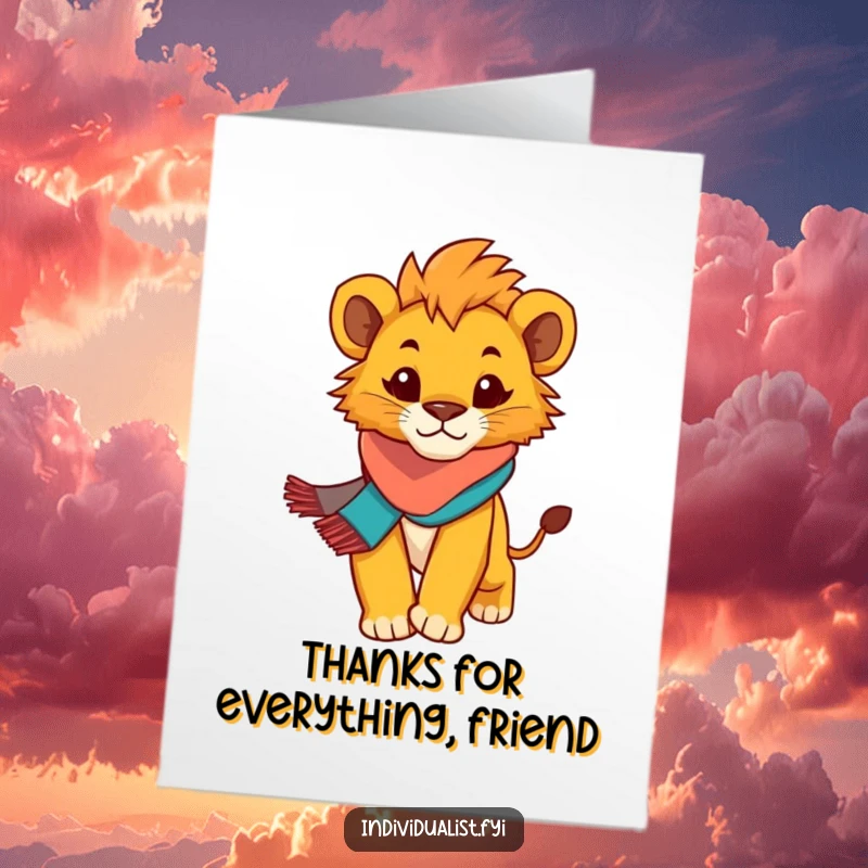 Funny Free Printable Thank You Card: Lion cub in scarf strides purposefully, conveying heartfelt gratitude with humor.