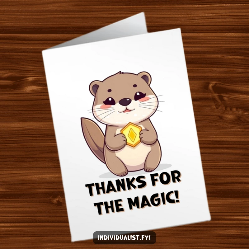 Funny Free Printable Thank You Card showing a cute otter with a glowing amulet, expressing sincere appreciation.