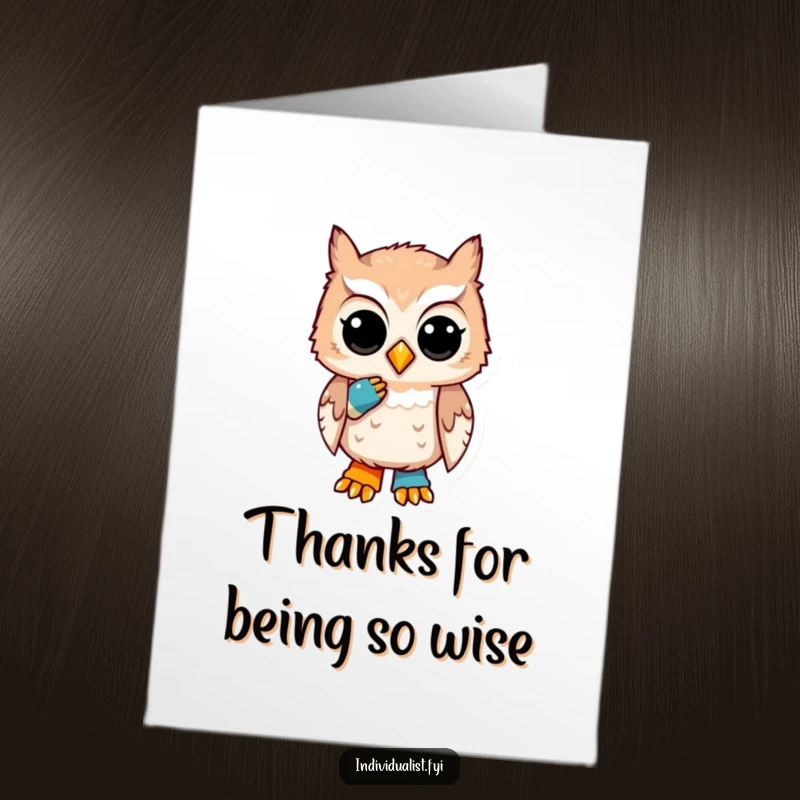 Funny Free Printable Thank You Card: A unique owl with one mismatched sock, looking very thoughtful, expressing sincere thanks.