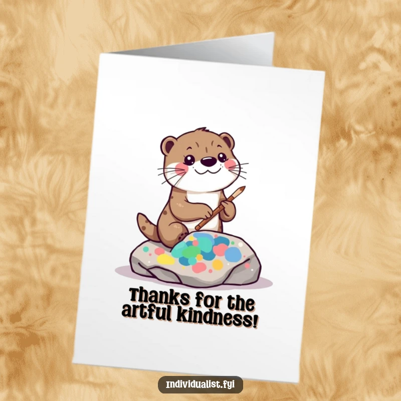 Funny free printable thank you card with a playful kawaii otter painting a vibrant, abstract pattern on a rock.