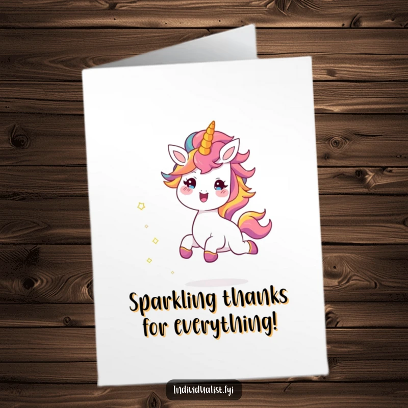 Funny Free Printable Thank You Card: Cheerful creature with a vibrant mane skipping joyfully, leaving a trail of sparkles and heartfelt thanks.