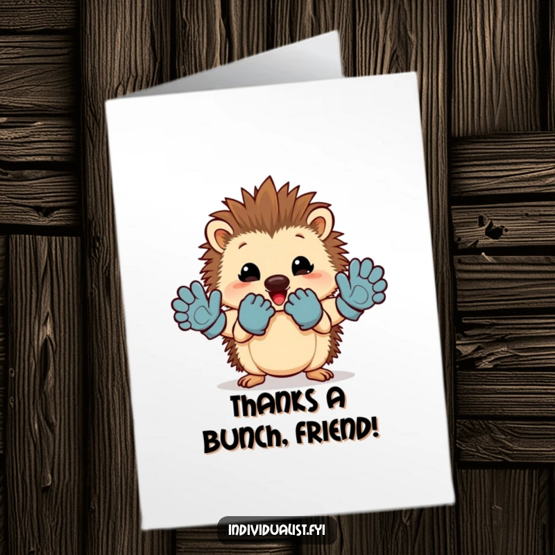 Funny Free Printable Thank You Card: A happy hedgehog proudly flaunts mismatched gloves, offering thanks with a quirky twist.