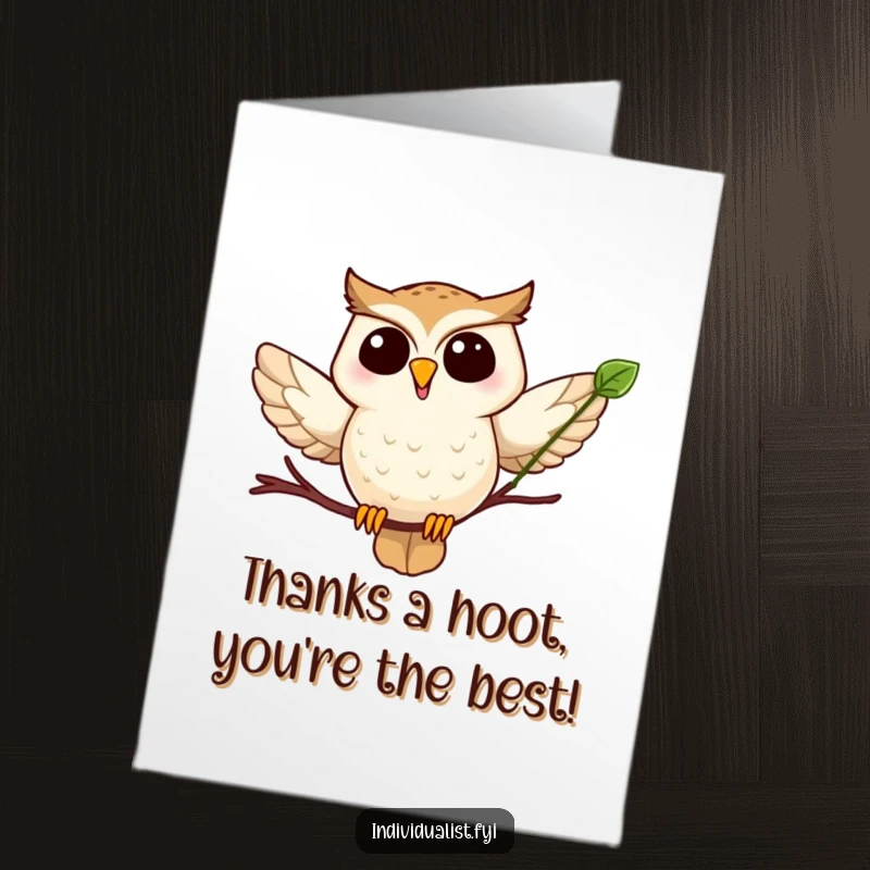 Funny Free Printable Thank You Card: Cheerful owl in flight, carrying a leaf to express heartfelt thanks.
