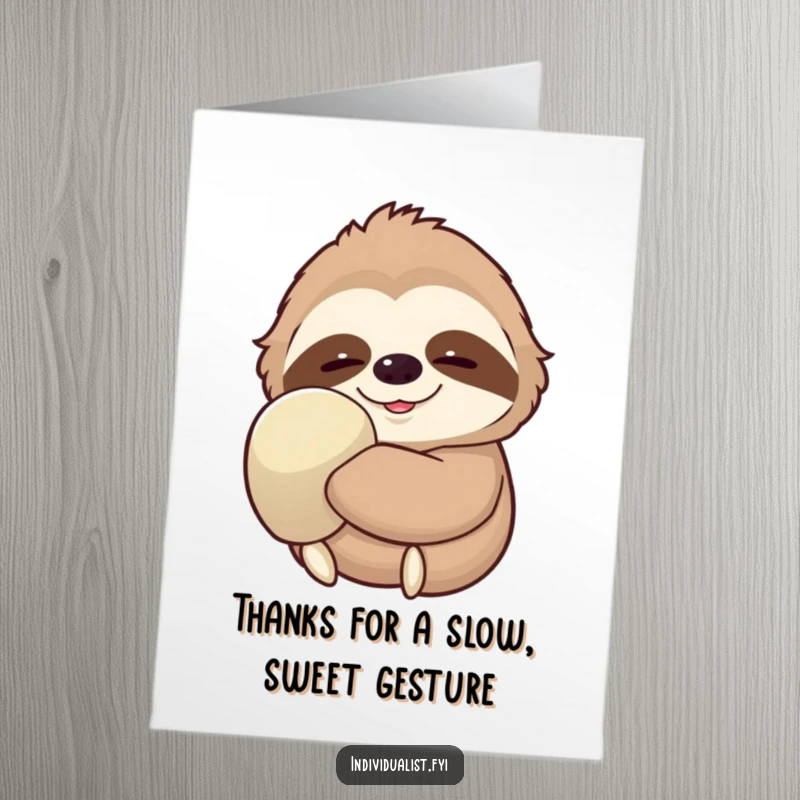 Funny Free Printable Thank You Card: A contented sloth wearing one oversized glove, smiling serenely while expressing thanks.