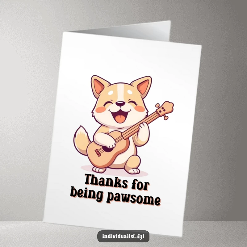 Funny Free Printable Thank You Card: Cheerful dog playing a bizarre, uniquely shaped instrument, offering a musical thank you note.