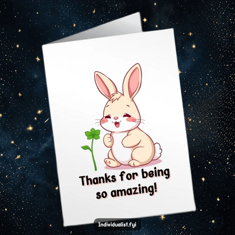 Funny Free Printable Thank You Card: Happy rabbit beams while admiring a special clover, expressing thanks.