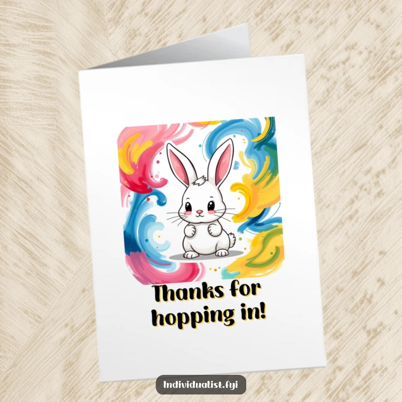 Funny Free Printable Thank You Card: A dedicated bunny artist painting joyful, vibrant abstract designs.