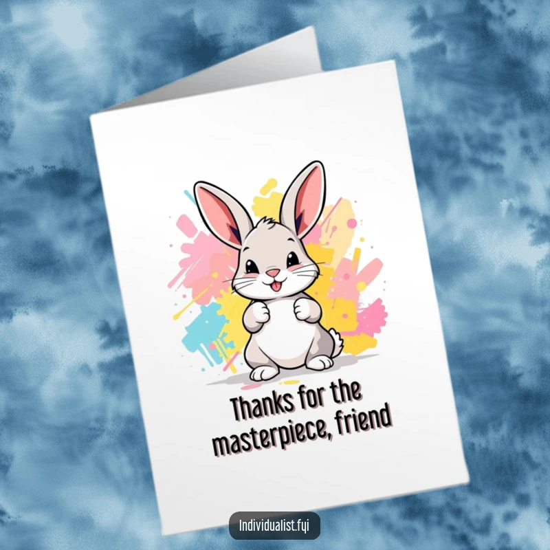 Funny Free Printable Thank You Card: A playful bunny artist leaving colorful paw prints on an abstract canvas.