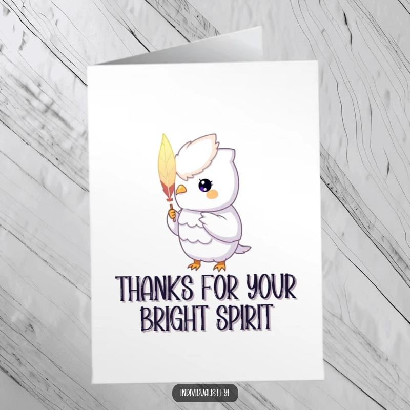 Funny Free Printable Thank You Card: A unique creature with a glowing aura proudly displays a single, hand-painted feather as a token of thanks.