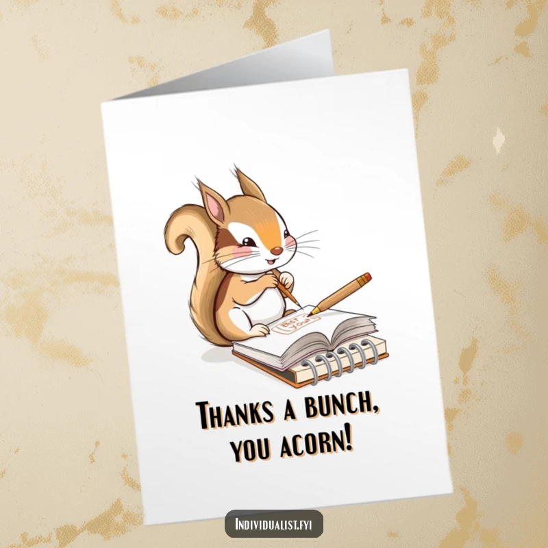Funny Free Printable Thank You Card: A focused squirrel artist sketching an original design, offering unique thanks with a smile.