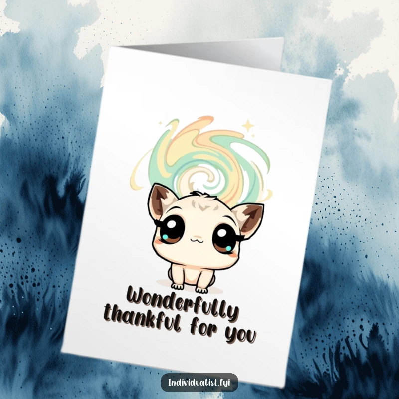 Funny Free Printable Thank You Card: A curious creature with big, expressive eyes gazes intently at a captivating, swirling abstract pattern.