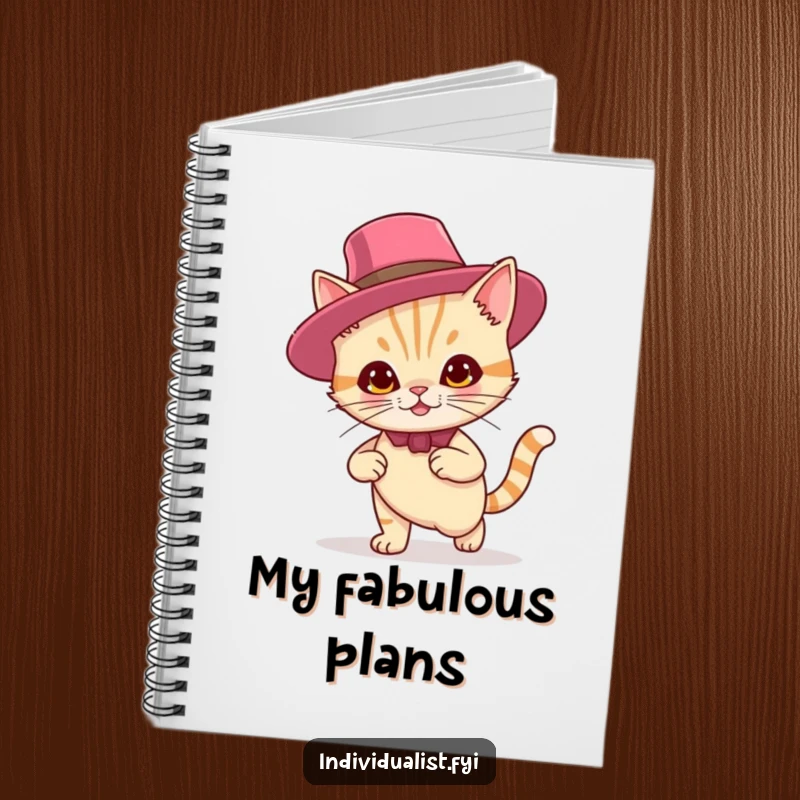 Funny notebook featuring a confident cat with a smirk and a flamboyant hat, ideal for writing and sketching.