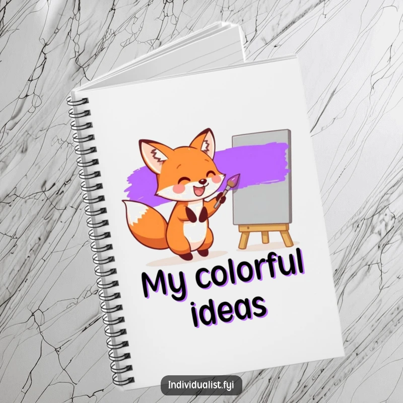 Funny notebook with a joyful fox painting a purple stripe on a grey canvas, ideal for writing, sketching, and artistic notes.
