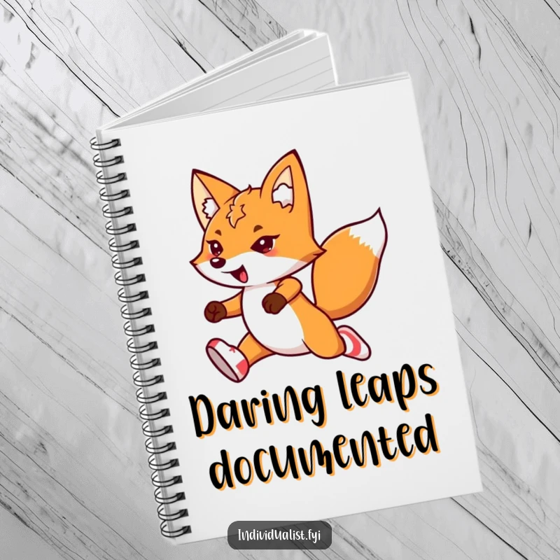 Funny kawaii fox notebook, featuring a determined fox in mismatched socks, leaping with flair, perfect for notes.