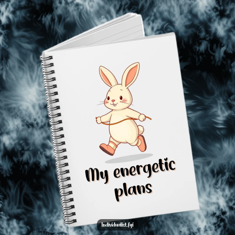 Funny notebook with a happy rabbit skipping rope, wearing mismatched socks, ideal for writing, sketching, and playful ideas.