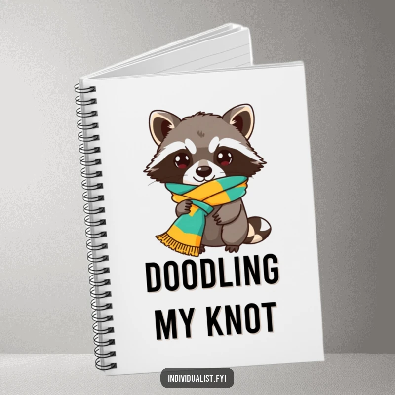 Funny Raccoon Notebook with a playful raccoon character demonstrating its unique scarf-tying technique, ready to hold your notes.