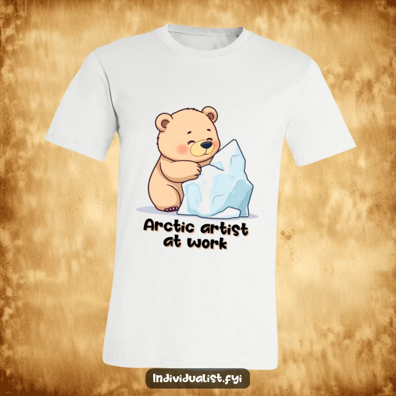 Funny Bear Ice Sculpting T-Shirt, a determined bear concentrating on carving intricate details into a large ice sculpture.