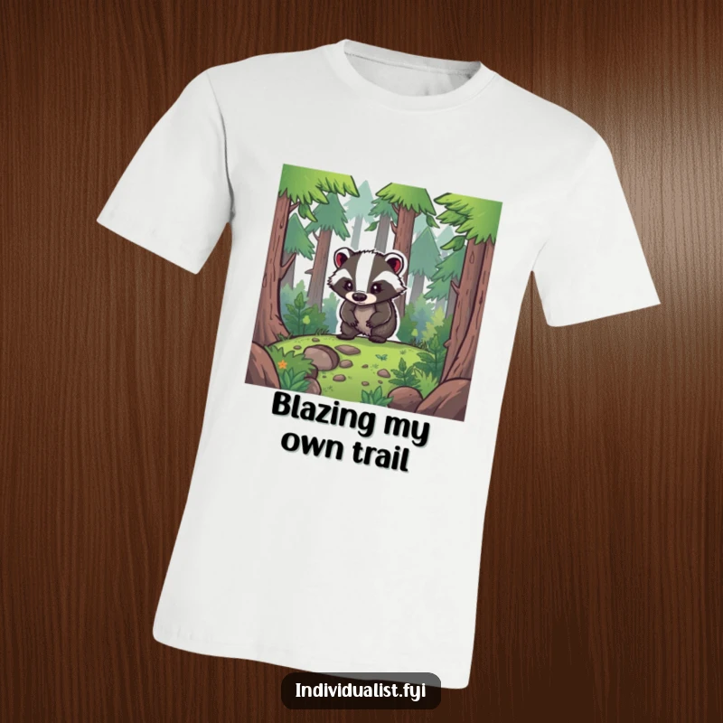 Funny T-Shirt: A persistent badger boldly makes its way through a thick forest, symbolizing perseverance and self-reliance.