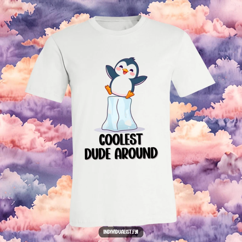 Funny Penguin T-Shirt: Joyful penguin energetically balancing on an ice block, showcasing humor and determination.