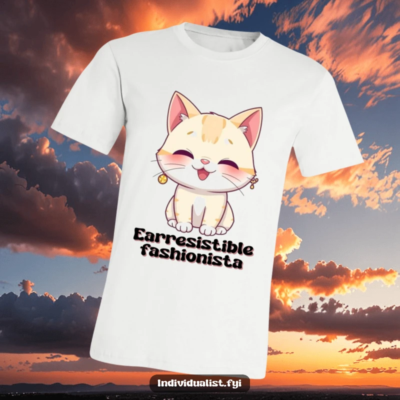 Funny t-shirt featuring a giggling cat with a huge, sparkly earring, radiating joy and a quirky sense of style.