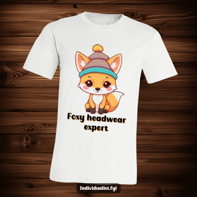 Funny T-shirt with a curious fox wearing a distinctive, brightly colored hat, exuding charisma and style.