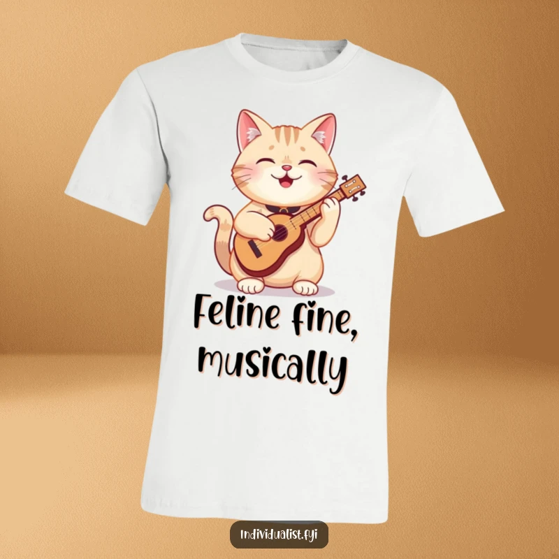 Funny cat t-shirt featuring a joyful cat enthusiastically playing a small, peculiar instrument, radiating happiness and musical talent.
